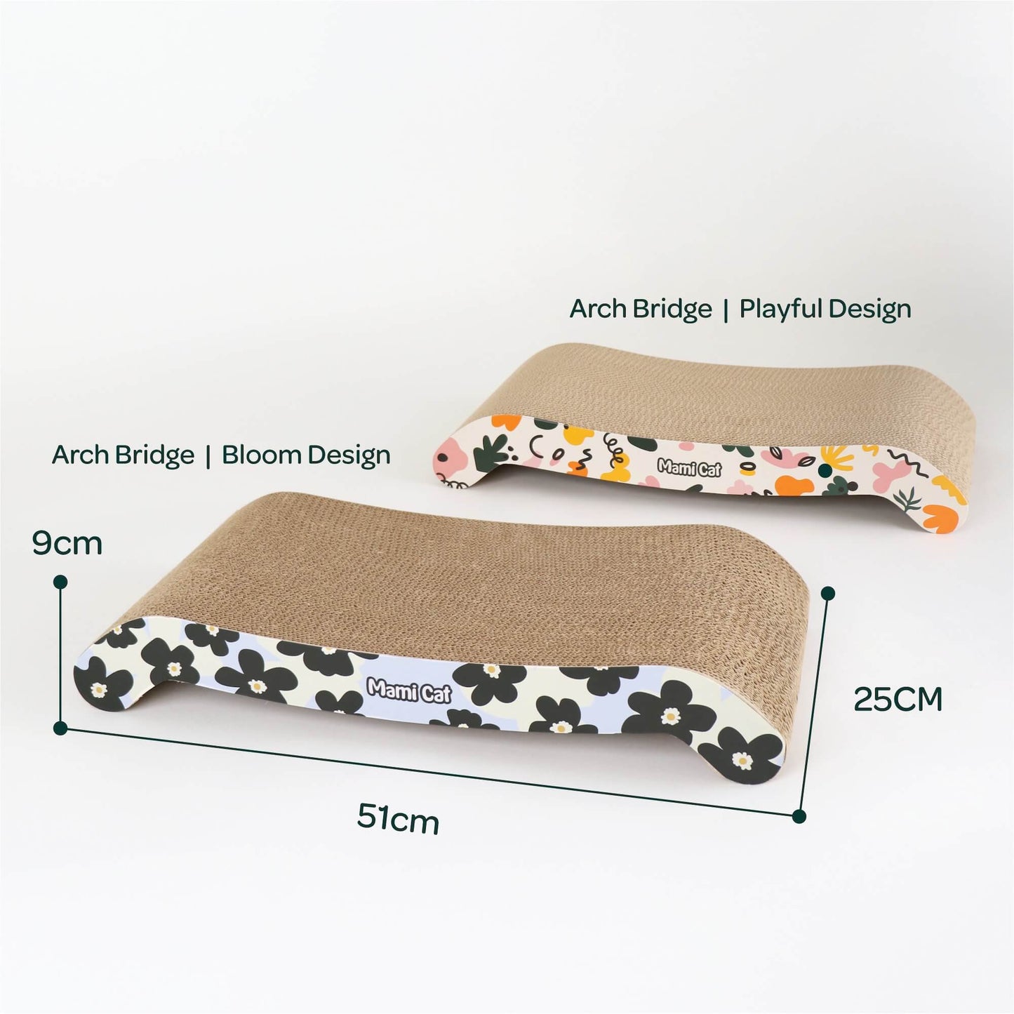 Two Different Designs of Arch Bridge Cat Scratching Board Side by Side Comparison. With Measurement Dimensions.