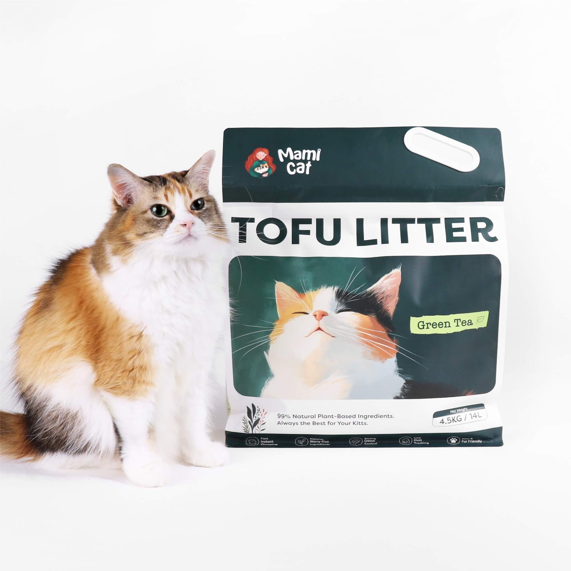 A 4.5 KG Bag of Mami Cat Tofu Litter Green Tea Scent, with a cute Calico Cat beside.