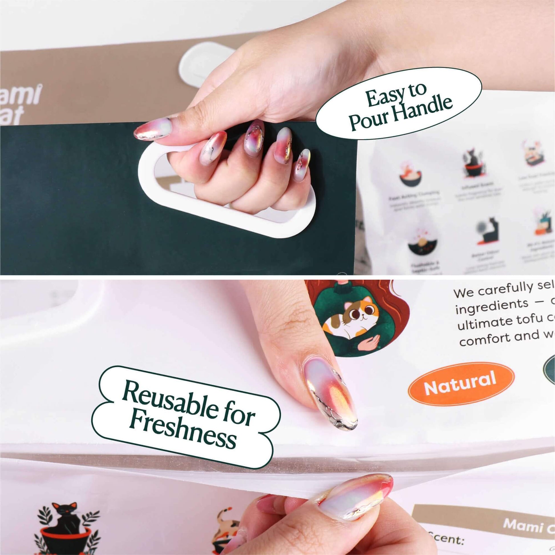 Mami Cat Tofu Litter 4.5 KG is resealable and has a handle for easy pouring.