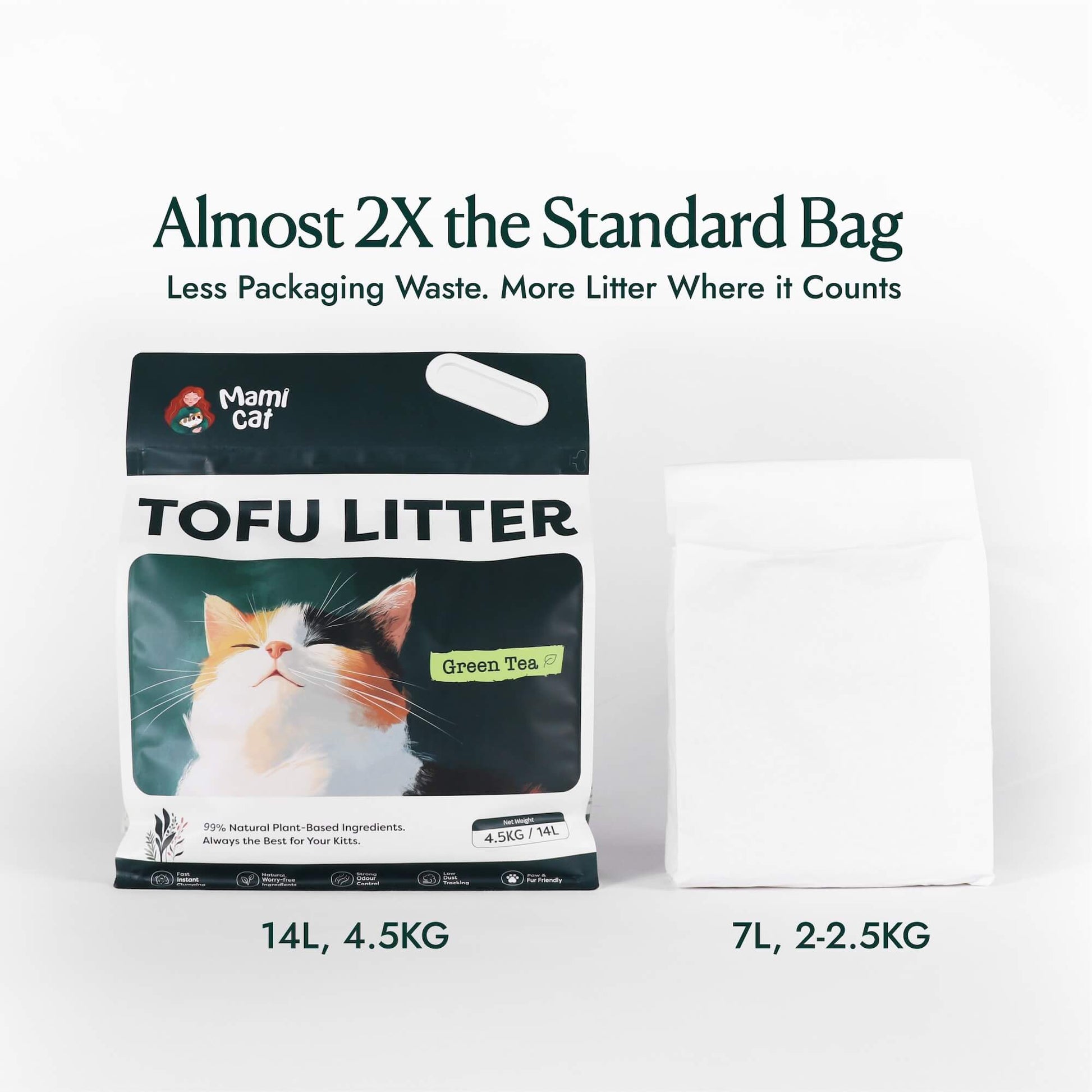 A 4.5 KG Bag of Mami Cat Tofu Litter Packaging size comparison beside a standard bag of 2 KG Tofu Litter.