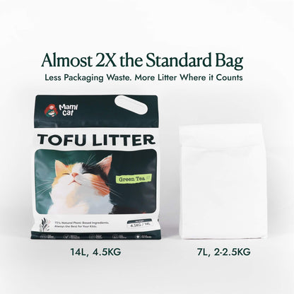A 4.5 KG Bag of Mami Cat Tofu Litter Packaging size comparison beside a standard bag of 2 KG Tofu Litter.