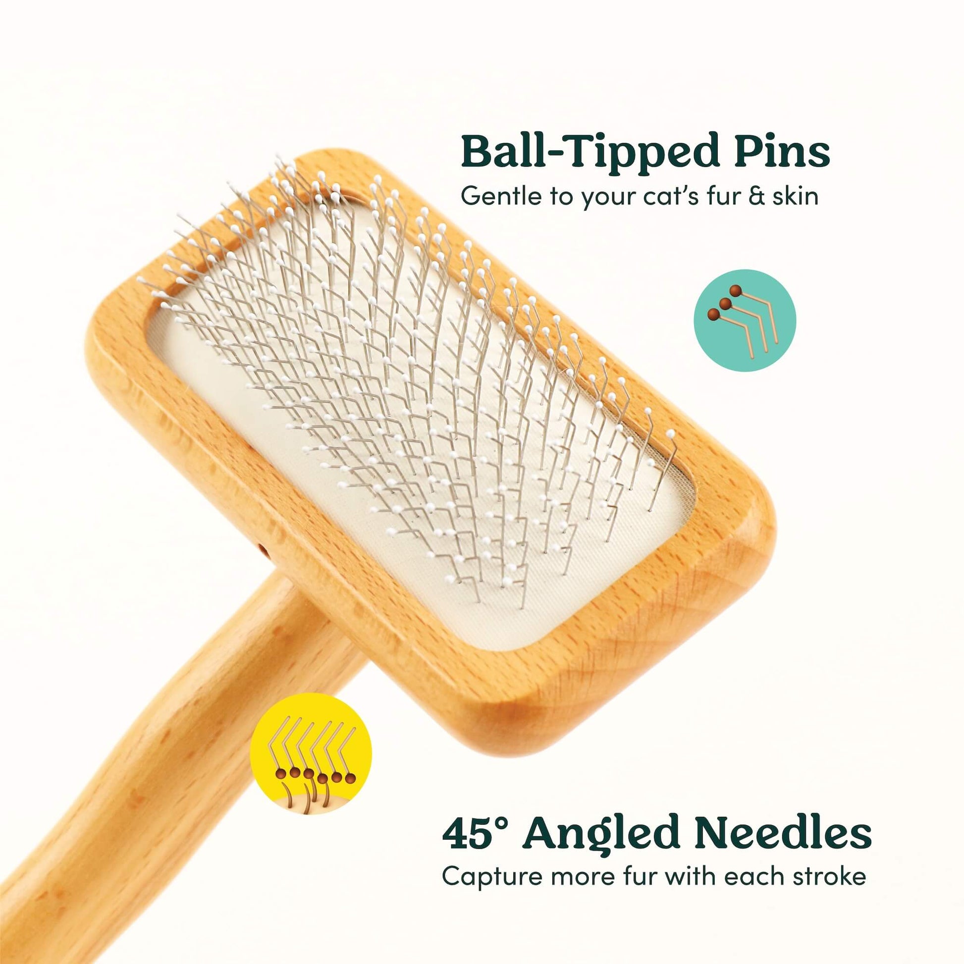 Wooden Slicker Fur Brush Comb Ball-Tipped Pins and 45 Degree Angled Needles Explanation Picture.