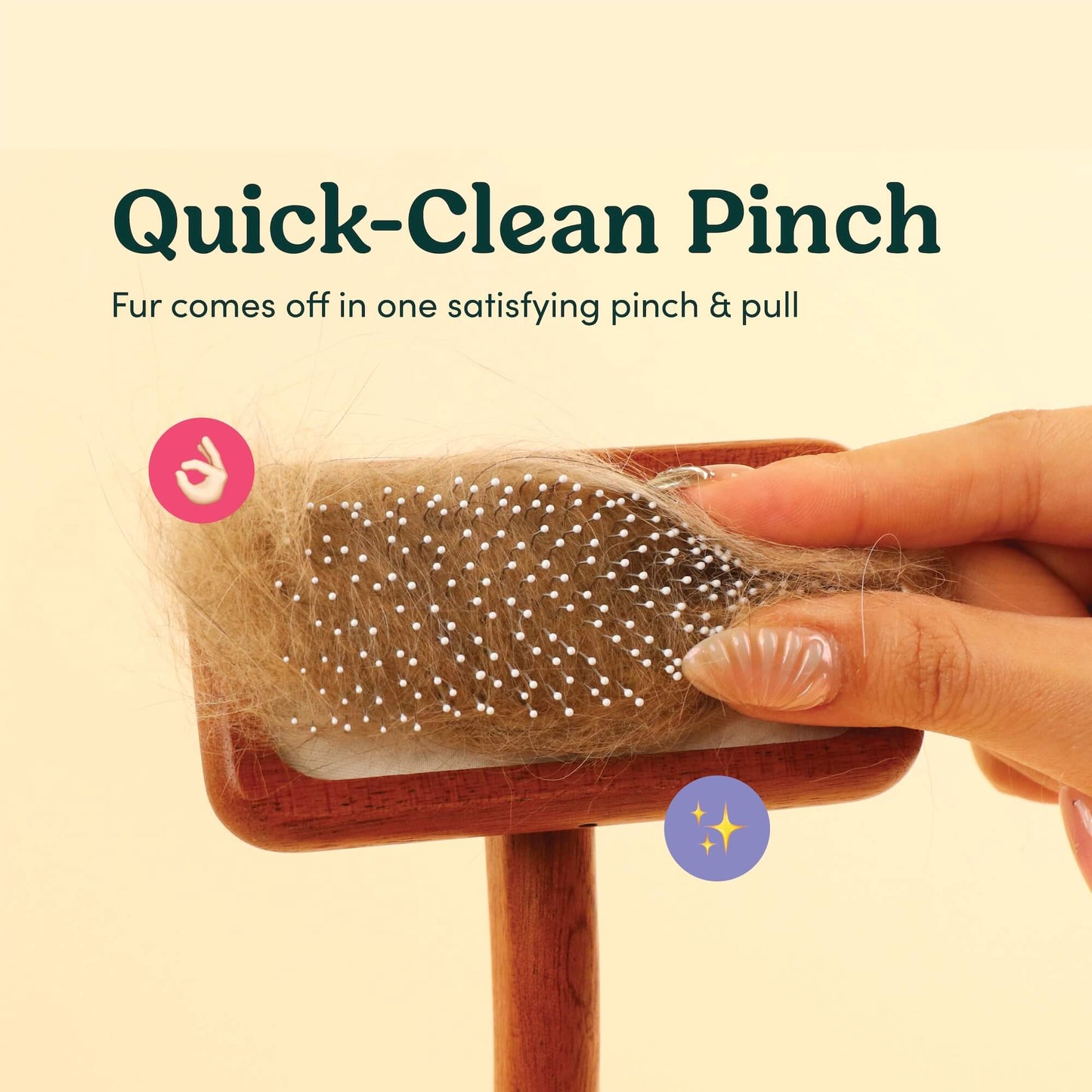 An Explanation Picture of Quick-clean pinch to peel off fur caught in the Wooden Slicker Fur Brush Comb