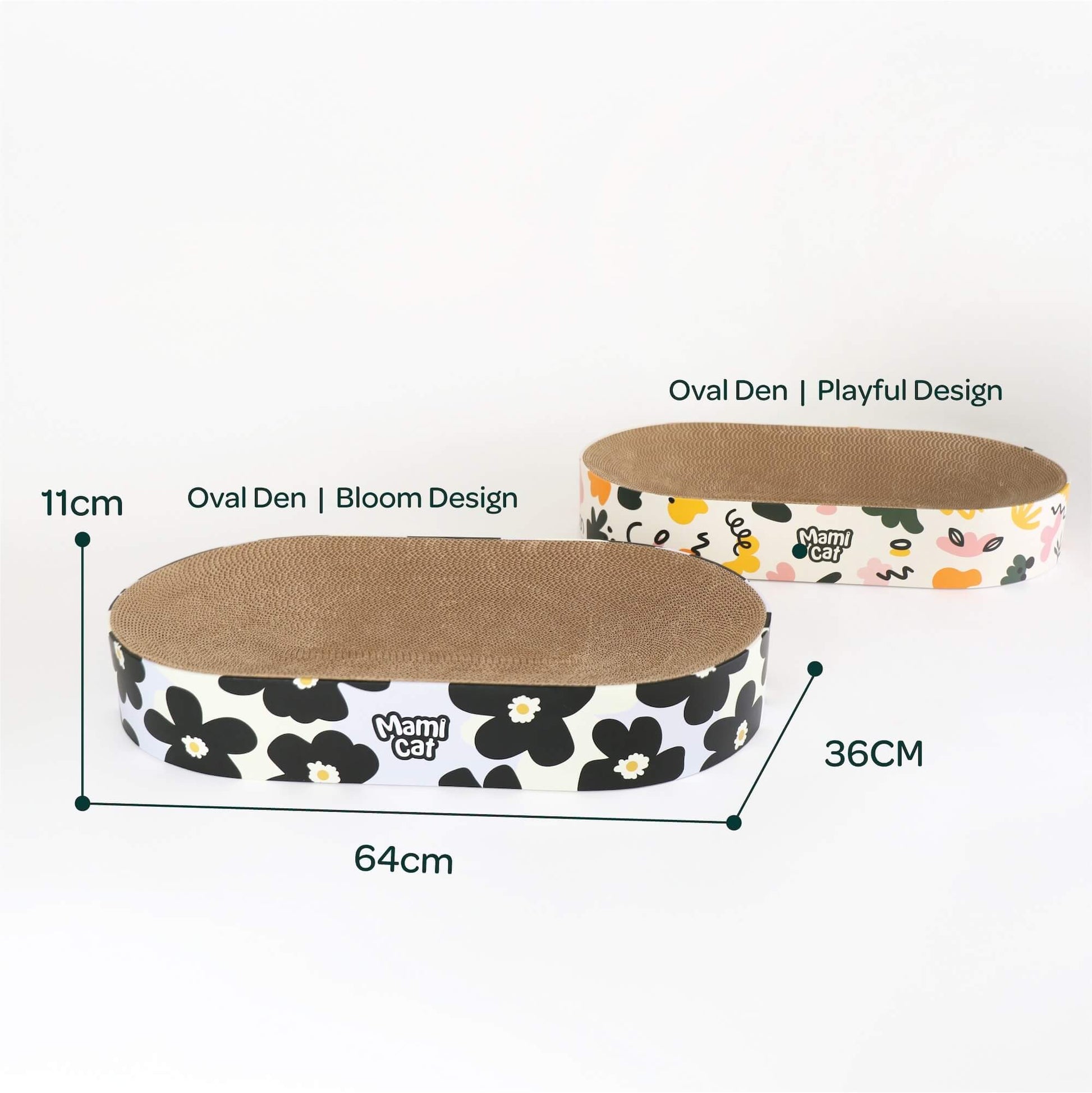 2 Oval Den Cat Scratcher with different design Side by Side Comparison. With Dimensions.