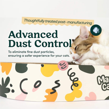 Oval Den Cat Scratching Board Advanced Dust Control Explanation Picture.