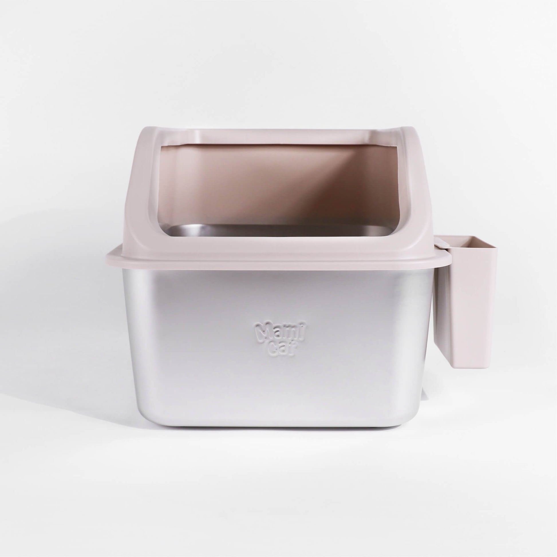 Front Entry for the XL Stainless Steel Litter Box. A Scoop Holder hanging on the Side.