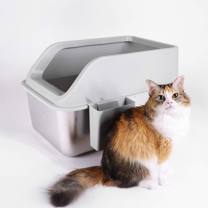 Mami Cat sitting next to XL Stainless Steel Litter Box