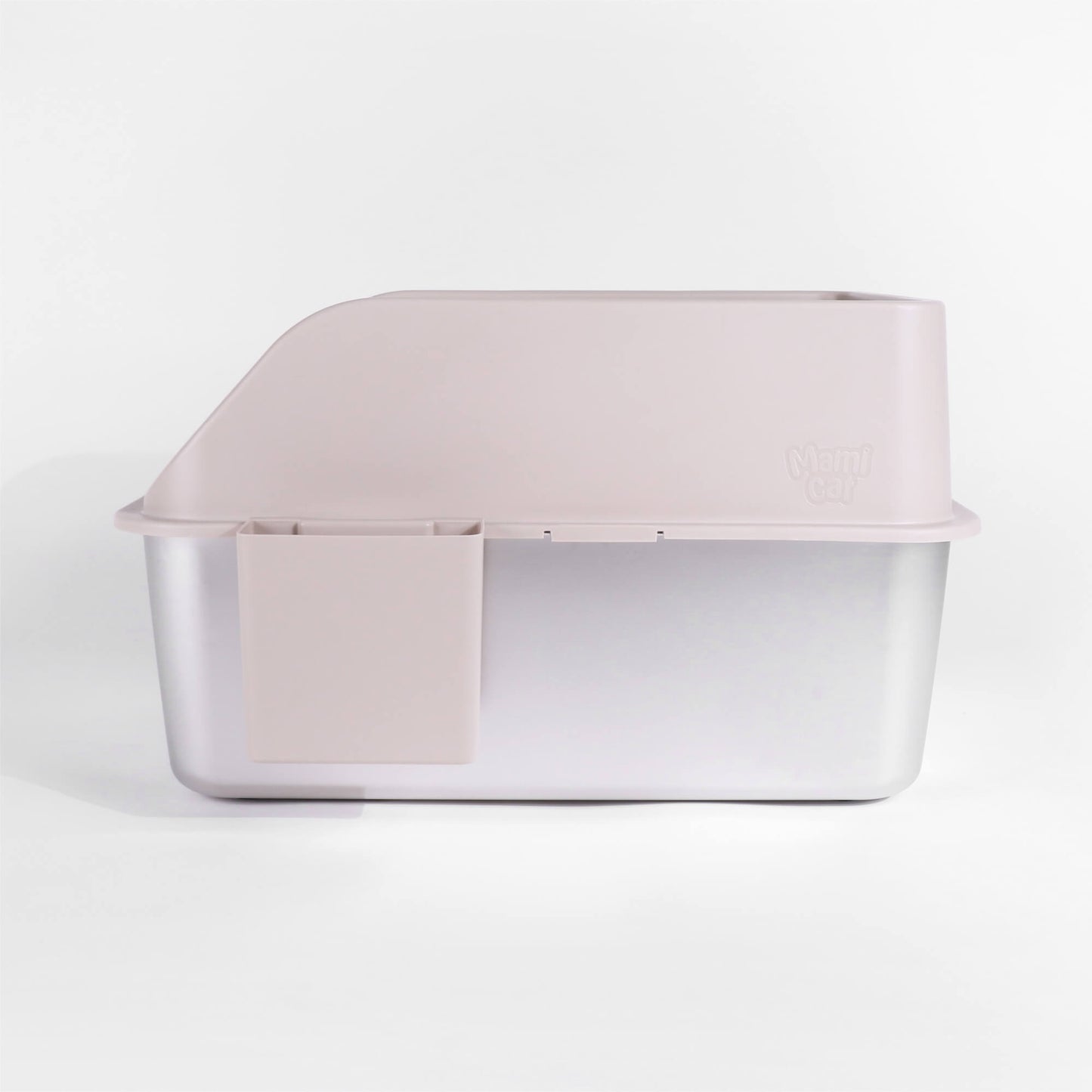 Side View of Dune Khaki Stainless Steel Litter Box. Slottable Scoop Holder at the Side of the Litter Box.