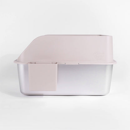 Side View of Dune Khaki Stainless Steel Litter Box. Slottable Scoop Holder at the Side of the Litter Box.